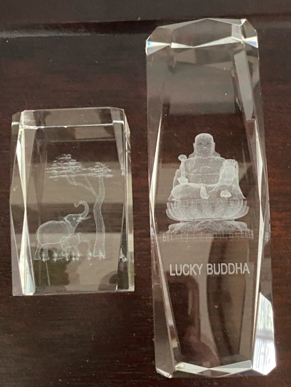 3D Laser Etched Elephant and Buddha Clear Acrylic Lucite Solid Paperweight